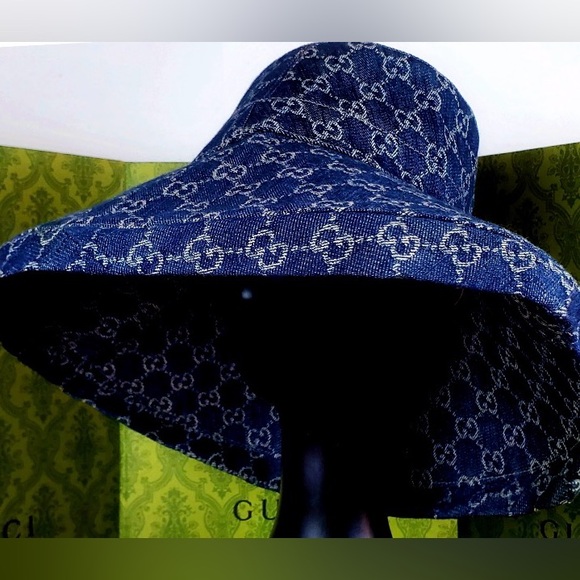 Gucci GG Monogram Bucket Hat Wide Large Brim Thick Denim Navy Allover Jacquard - Picture 2 of 15